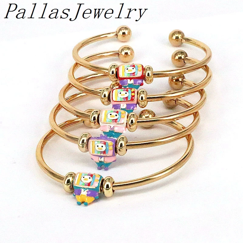 

5Pcs New Fashion Cartoon Pattern Bangles For Women Stainless Steel Gold Punk Bangles Bracelets Rainbow Enamel Jewelry