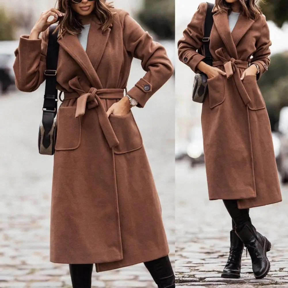 

Women Woolen Cardigan Jackets Lapel Long Sleeves Open Stitch Pockets Autumn Winter Lace-up Elegant Solid Long Coat chaquetas