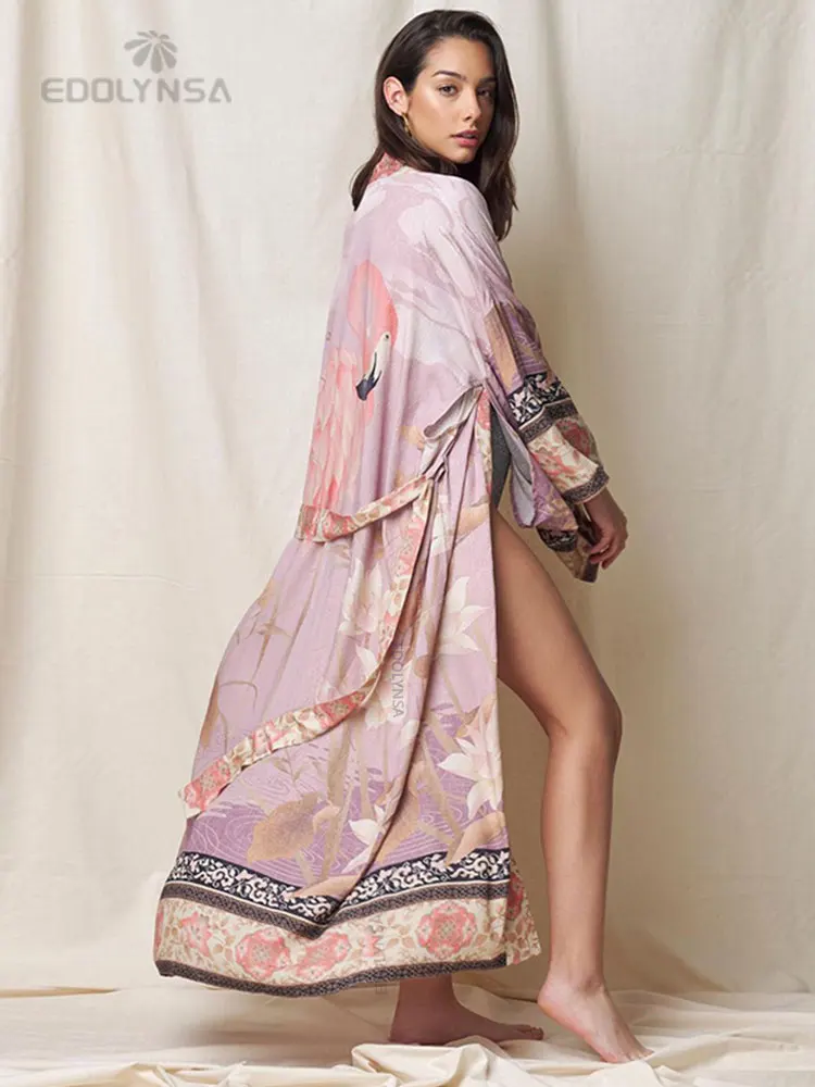 2023 Bikini Cover-ups Pink Boho Print Self Belted Front Open Long Kimono Dress Beach Tunic Women Swim Suit Cover Up Q996 - купить по