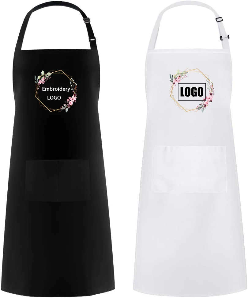 

Custom Design Brand Logo Black Unisex Waiter Cooking Restaurant Pocket Printing Adjustable Hanging Neck Men Aprons for Woman