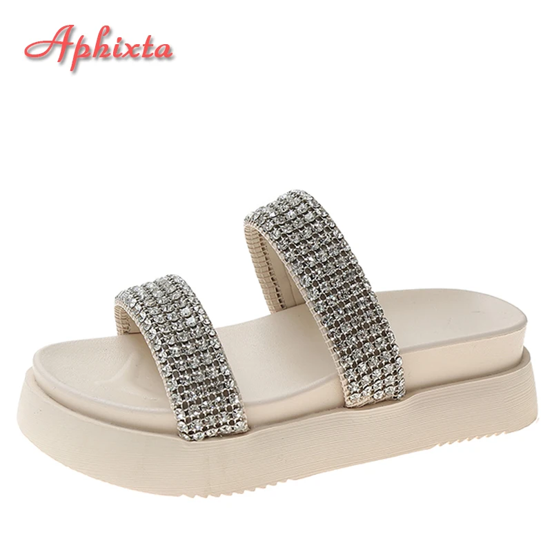 Aphixta 2022 Flat Platform Luxury Crystals Slides Women Open Toe Diamonds 5cm Double Sole Flip Flops Mules Design Slippers Shoes