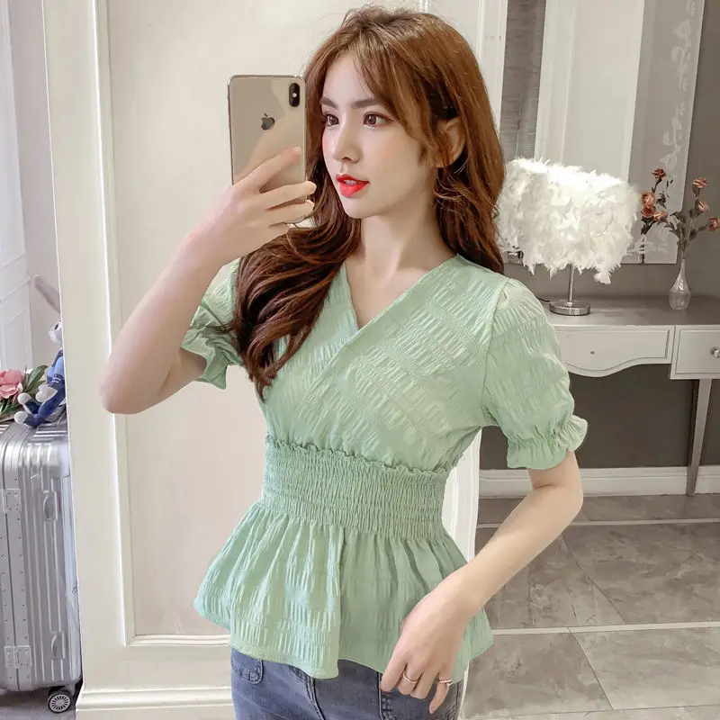 

2022 Summer Cute Crop Top Women Blouses Short Sleeve Korean Japanese V Neck Slim Waist Chiffon Shirts Blouse Ropa Mujer FY348