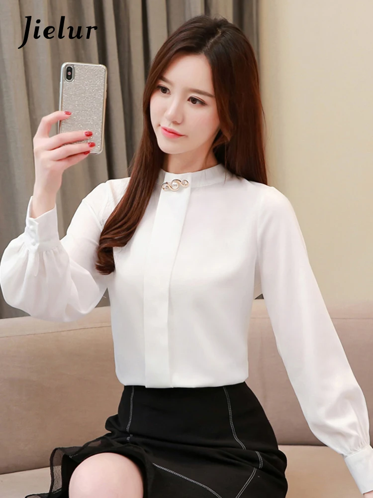 Jielur Весна новые фонари пуговицы женские рубашки элегантные дамы белые серые