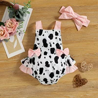 Newborn Infant Baby Girls Rompers Summer Cow Themed Cake Smash Sleeveless Cow Printed Romper With Headband 0-18M