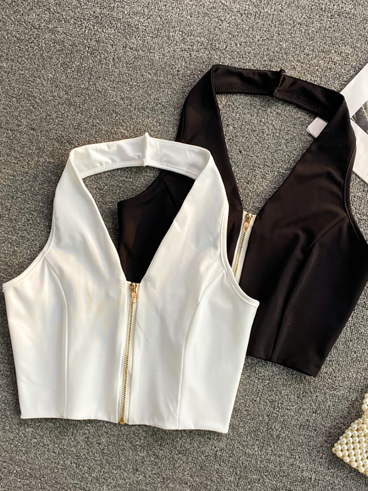 

Женские топы Y2K с лямкой на шее, трикотажные Лоскутные Топы на молнии, женские майки, топы, пикантные укороченные топы с V-образным вырезом дл...