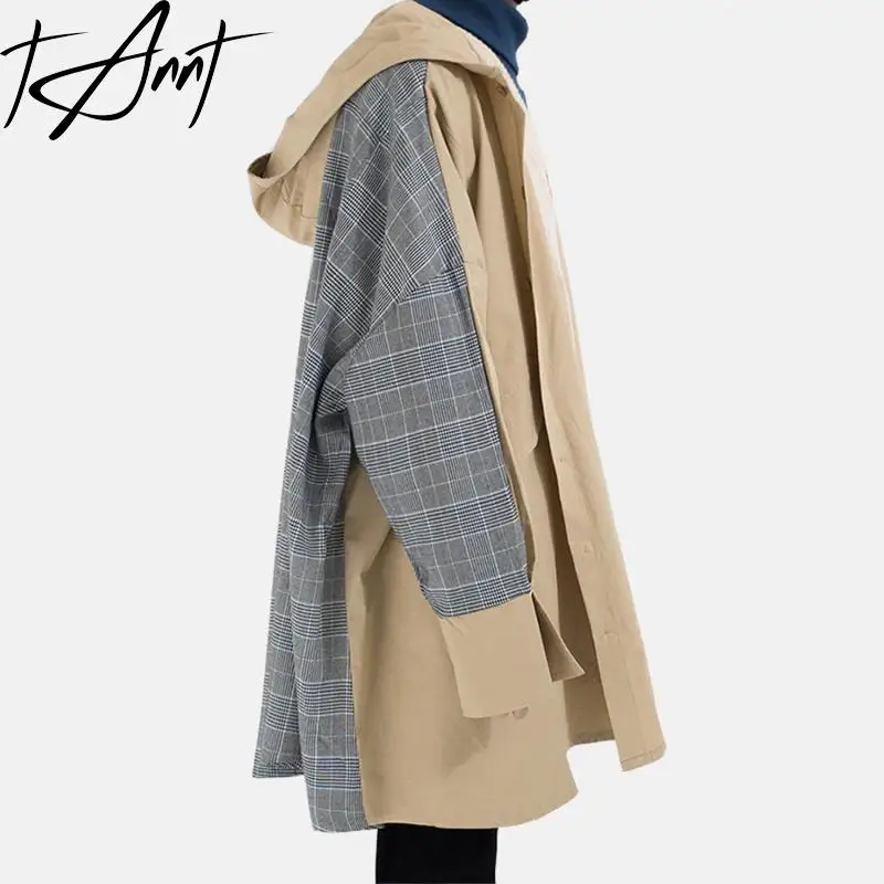 

Tannt Women Trench Coat Irregular Grid Patchwork Color Matching Long Trench Coat Femme Asymmetry Hooded Windbreaker 2023 New