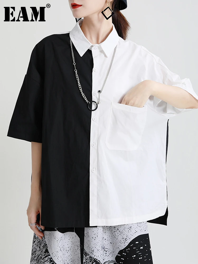 

[EAM] Women Black White Color-block Big Size Blouse New Lapel Half Sleeve Loose Fit Shirt Fashion Spring Summer 2022 1DE8442