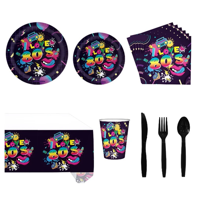 

65 Pcs 80S Party Tablecloth Plates And Napkins Cardboard+Plastic Party Decorations For 1980S Hip Hop Party Decorations, Serves 8