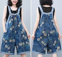 women summer loose straight denim jumpsuit knee length wide leg pants strap pocket floral printed fashion vintage jumpsuits