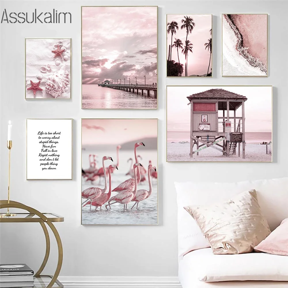 Розовые плакаты фламинго Картина на холсте пляжные фрески морская звезда