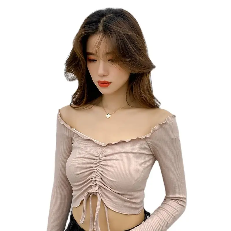 

2022 Womens New Retro Temperament Slim Fit Off-The-Shoulder Word-Neck Top Drawstring Front Short Temperament Long-Sleeved T-Shir