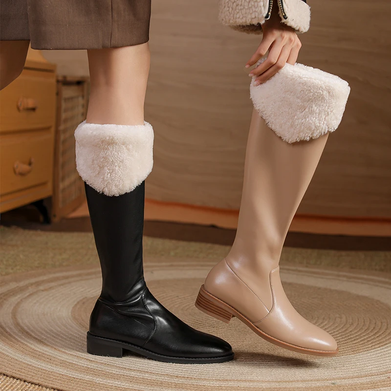 

European Russia winter knee-high boots natural leather warm snow boots 22-24.5cm cowhide+wool+Elastic pu side zip woolen boots