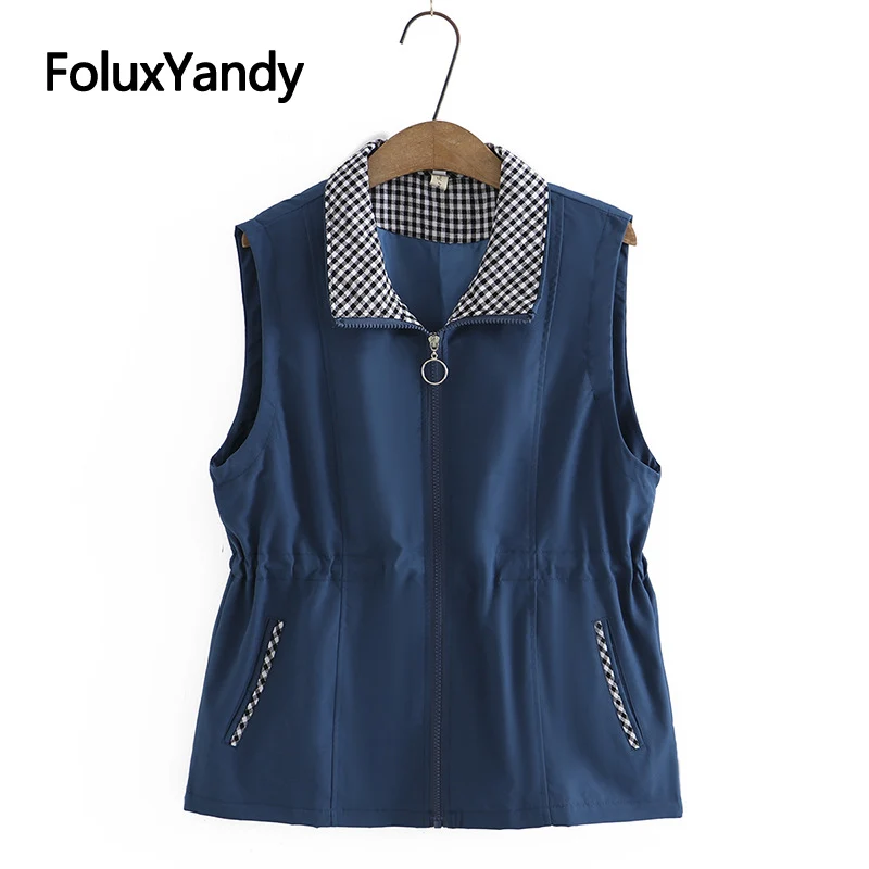 

Plaid Patchwork Women Vests 3XL 4XL Plus Size Coats Stand Collar Loose Sleeveless Vest Outerwear KKFY6243