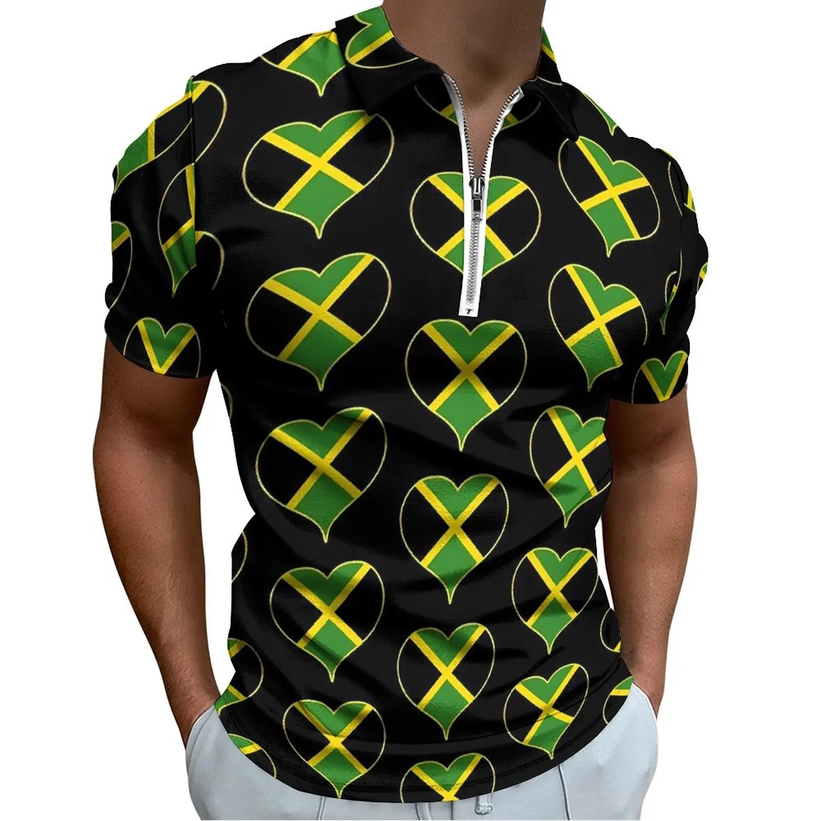 

Jamaican Flag Polo Shirts Man Jamaican Heart Casual Shirt Summer Fashion Zipper T-Shirts Short Sleeves Pattern Oversize Clothing