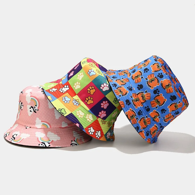 

Summer Outdoor Sunscreen Bucket Hat Cute Cartoon Print Double-sided Cap Panda Dolphin Donut Women Girls Hat Hip Hop Hat Panama
