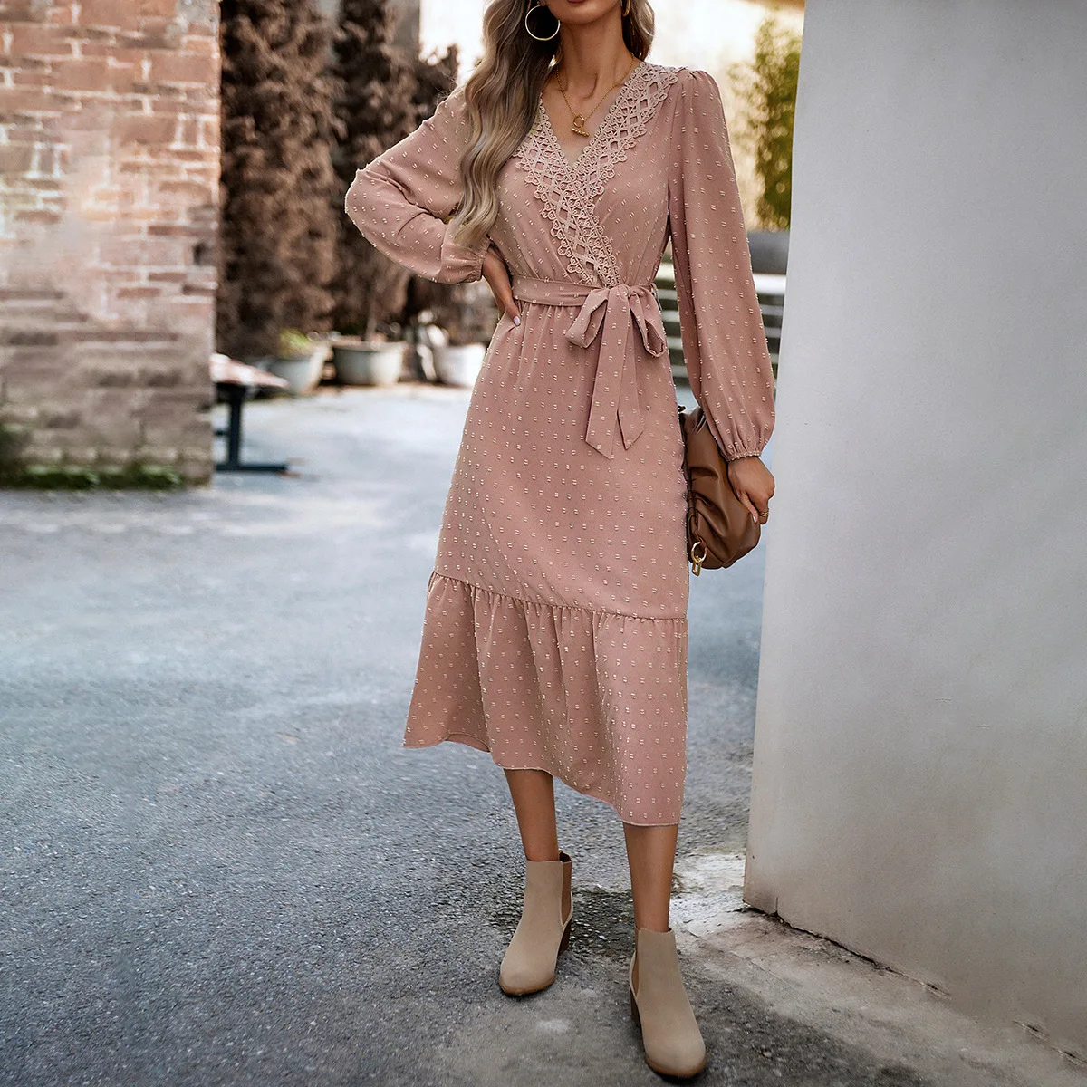 

Office Lady Elegant Women Dress Pink Autumn Long Sleeve V Neck Female Dress Girl Streetwear Lace Solid Outfit Loose Clothing