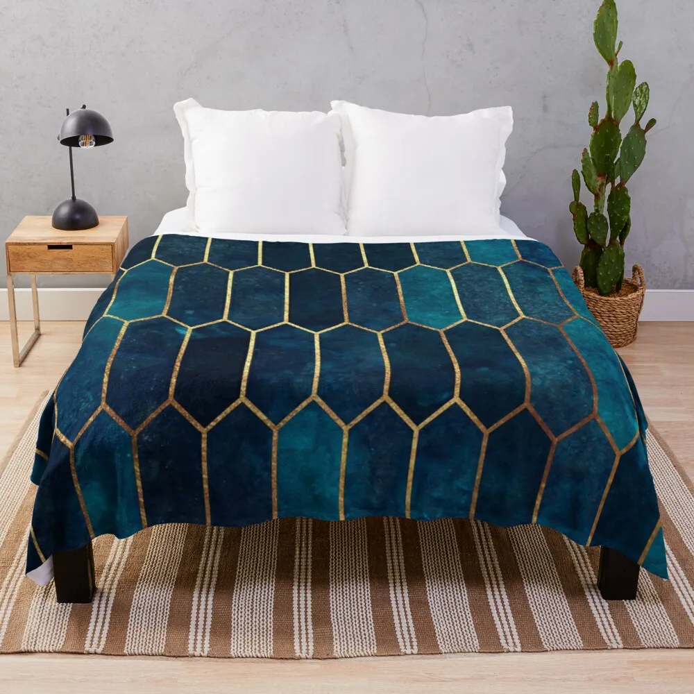 

Navy Blue Gold Pattern Throw Blanket Custom Blankets Velour
