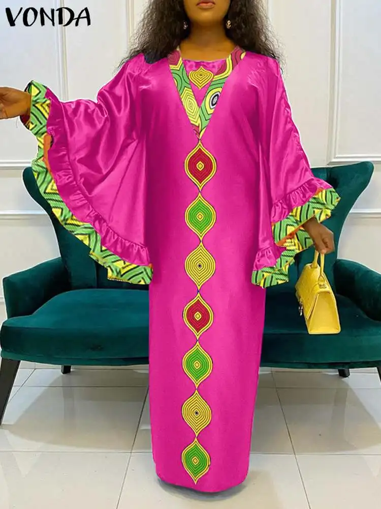

Summer Sundress VONDA 2023 Women Sexy Square Color Vintage Printed Bohemian Maxi Robe Long Sleeve Casual Loose Party Vestidos