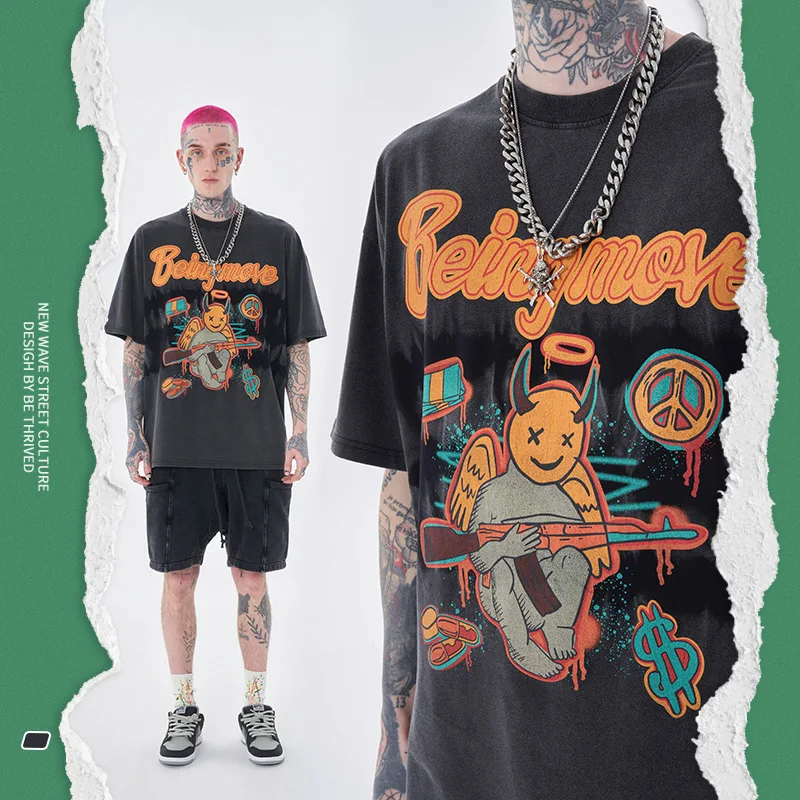 

BE Men's Clothing | 2022 Summer Pure Cotton Wash Made Old Devil Angel Print Short-sleeved American Street Fashion T-shirt Men