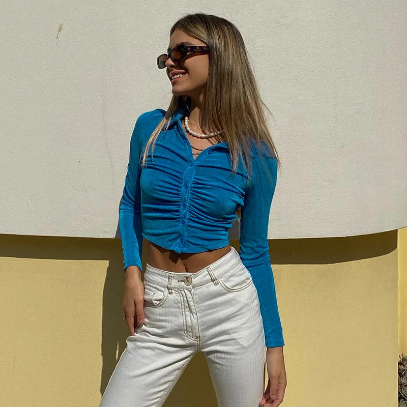 

Cutistation Long Sleeve Flannel Shirt Women 2021 Retro Y2k Slim Tops Solid Casual Turn-down Collar Shirring Vintage Streetwear