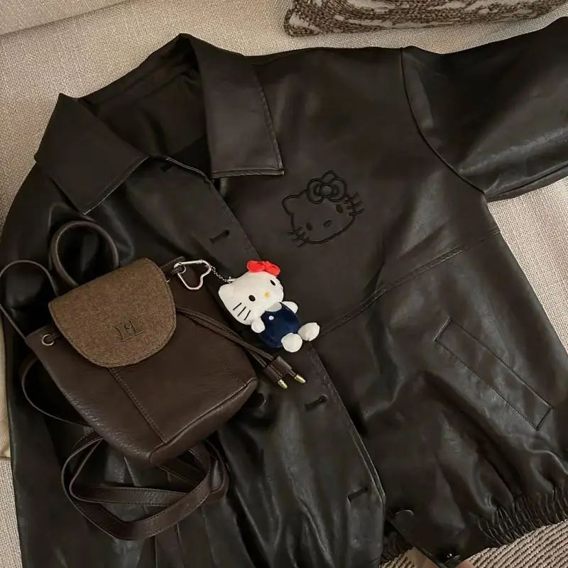 

Кожаная куртка с вышивкой Hello Kitty Y2Y с аниме рисунком, Крутое Женское пальто, черная универсальная куртка Sanrio Kitty, студенческий кожаный топ