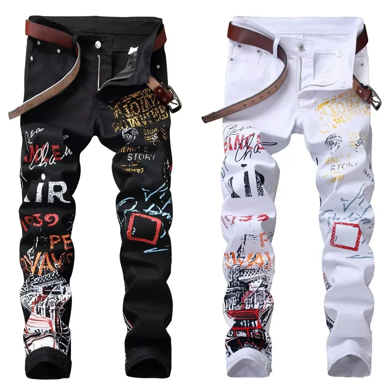 New in Street Fashion Mens Jeans Night Club Black White Color Personal Designer Printed Jeans Men Punk Pants Skinny Hip Hop Jean