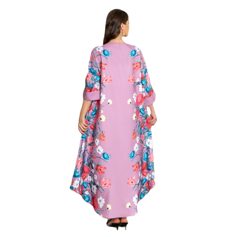 2023 Summer Elegant Muslim Women Long Sleeve O-neck Polyester Printing Long Abaya Muslim Fashion Dress Muslim Dress Women