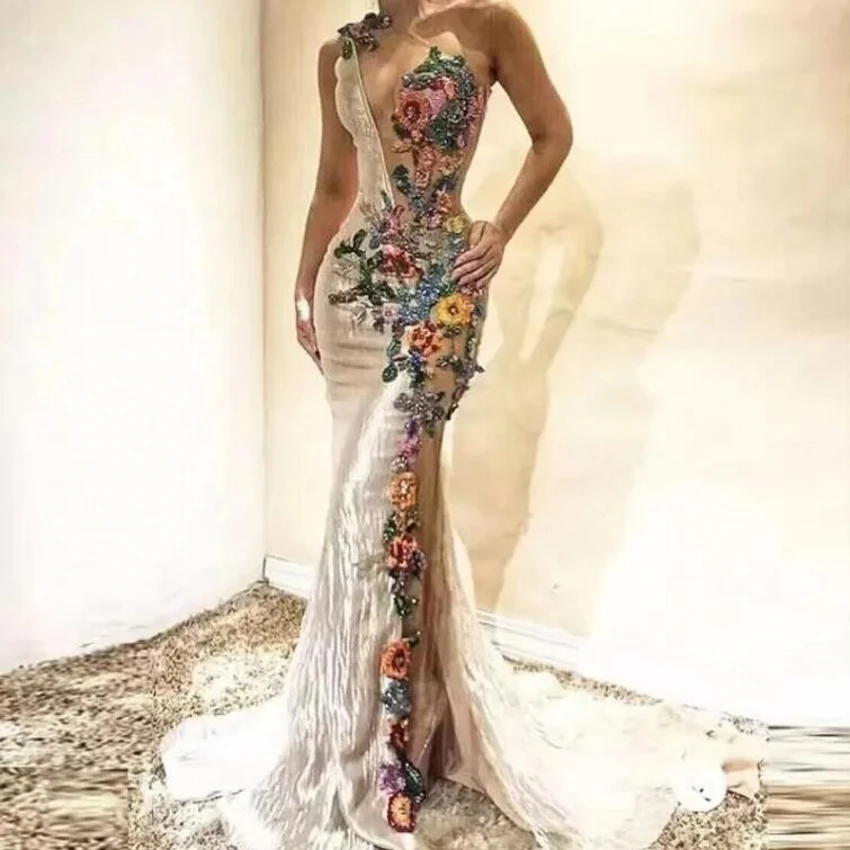 

One Shouder Mermaid Evening Dresses Colorful Embroidery Flower Applique Lace Sheer Prom Dress Women Custom Party Gown