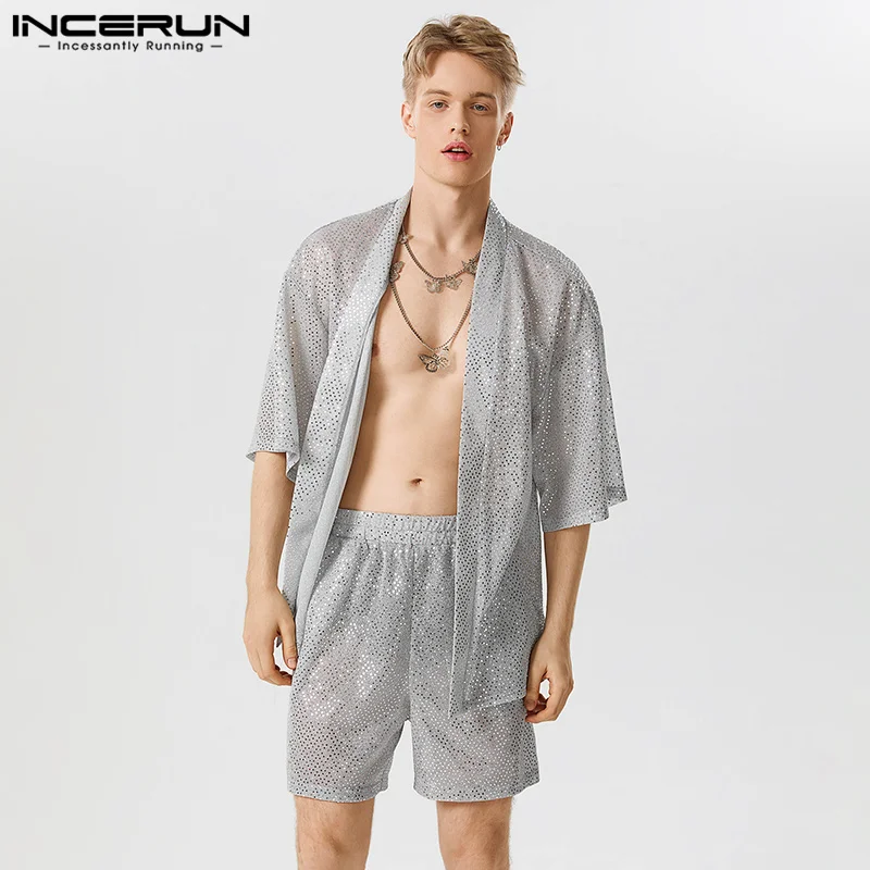

Men Sets Sparkling Sequin Streetwear Short Sleeve Open Stitch Cardigan Kimono & Shorts 2PCS 2023 Shiny Men Suits S-5XL INCERUN