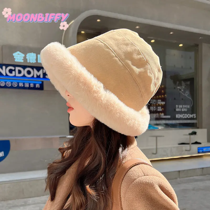 

Autumn and Winter Thickened Plush Warm Fisherman's Hat Female Anti-cold Windproof Basin Cap Fashion Bucket Hats Show Face Small