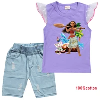 new moana clothes kids summer vaiana clothing baby girls lace flying sleeve cotton tshirtshort jeans 2pcs set teen boys outfits