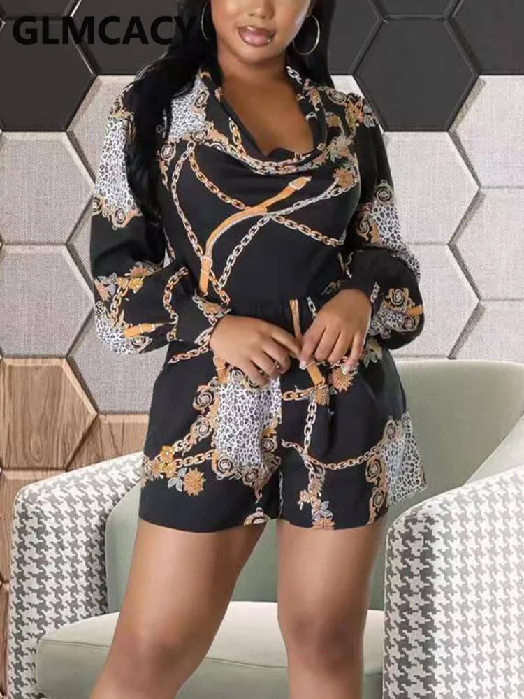 

Women Long Sleeve Vintage Chain Printed Playsuit Open Back Chic Rompers