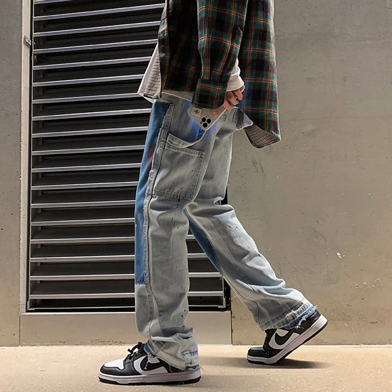 Jeans Men's High Street Paint Spot Jeans Men's Straight Loose Casual Hip Hop Design Wide Leg Mopping Pants Y2k Aesthetic Pants