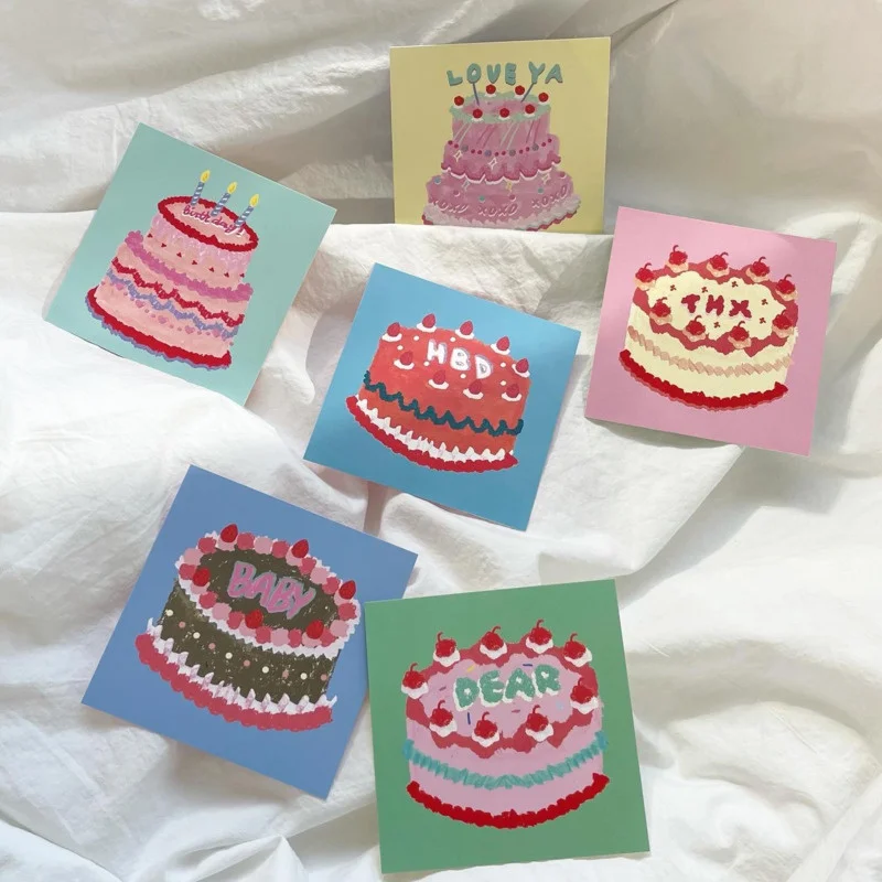 

Cartoon Bear Cherry Birthday Cake Cute Postcards Diy Decorative Card Kawaii Wall Photo Props Writable Greeting Card 9 Sheets