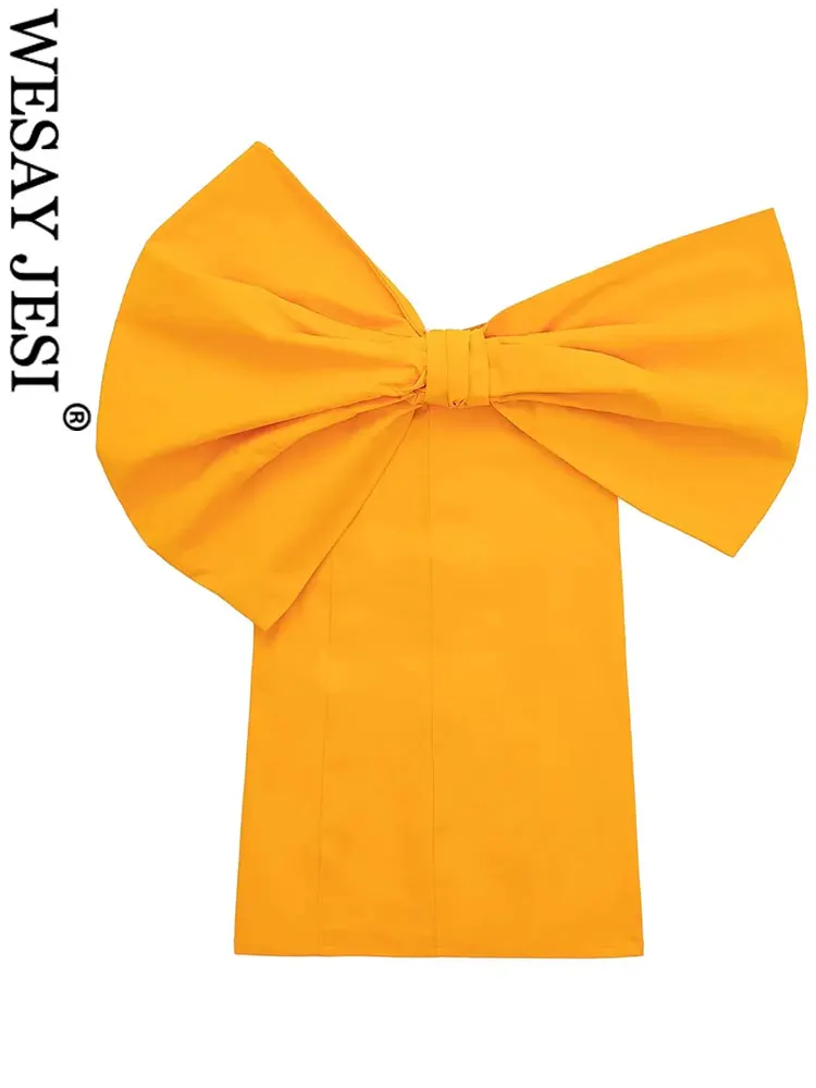 

WESAY JESI Ginger Off-the-Shoulder Neck Bow Design Short Lady Dress Solid Color Premium Charming Elegant Slim Fit Women's Dress