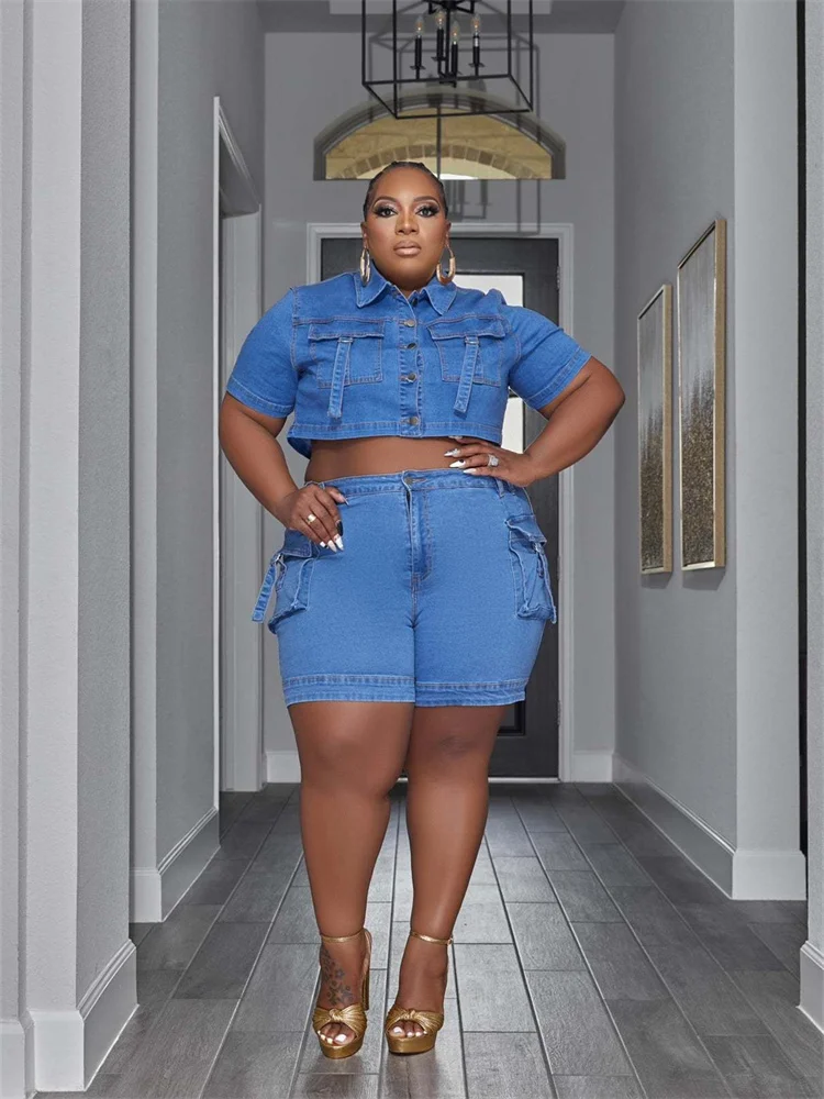Plus Size Denim Two Piece Set Women 2023 Shorts Sets Pockets Top and Pants Fashion New in Fashion Matc 3xl 4xl 5xl 6xl