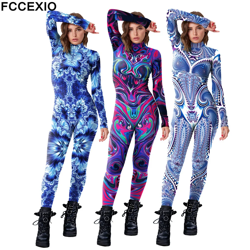 FCCEXIO Halloween Party Abstract Geometry 3D Print Women Sexy Skinny Jumpsuit Carnival Cosplay Costumes Fancy Bodysuit 2023