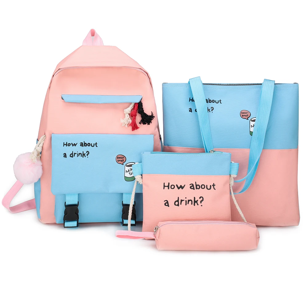 

4pcs/set Letters Hit Color Women Backpack Classic Texture Creative Design Chic Canvas Shoulder Bags Student Pen Case