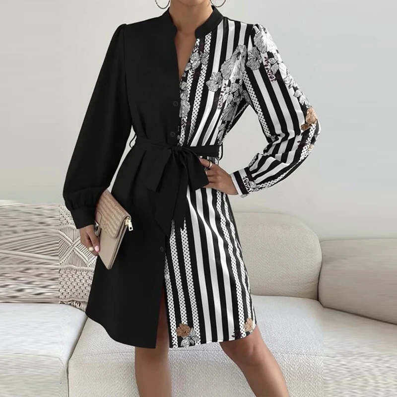 

Office Elegant V-neck Button Shirt Dress Women Fashion Stripes Flower Patchwork Mini Dress Casual Long Sleeve Tie-up Party Dress
