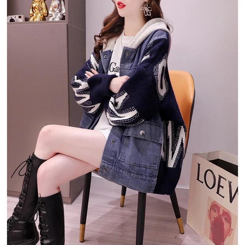 Осенне-зимний новый модный джинсовый свитер в стиле пэчворк кардиган женский