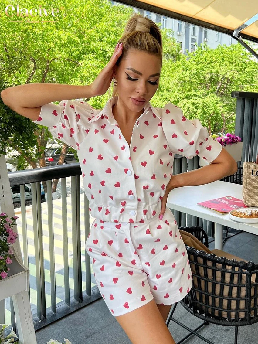 

Clacive Fashion Love Print Two Piece Set Women Outfit 2023 Summer Short Sleeve Shirt With High Waist Shorts Set Female Clothing