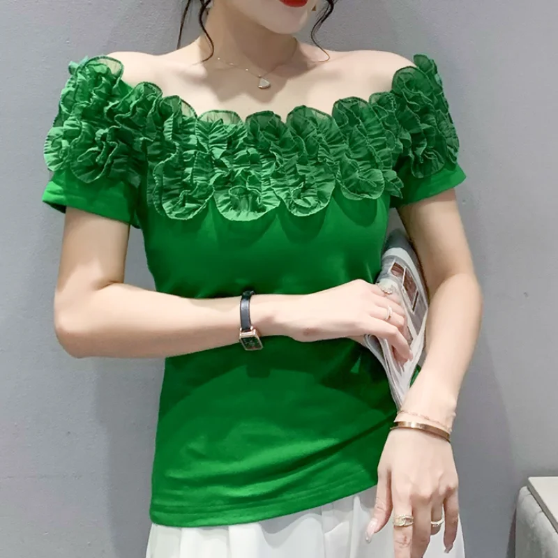 

Sexy Off Shoulder Ruffled Shirt Women Tops Slim Short Sleeve Summer Blouse 2023 Slim Blusas Chic Slash Neck Blouse Clothes 27021