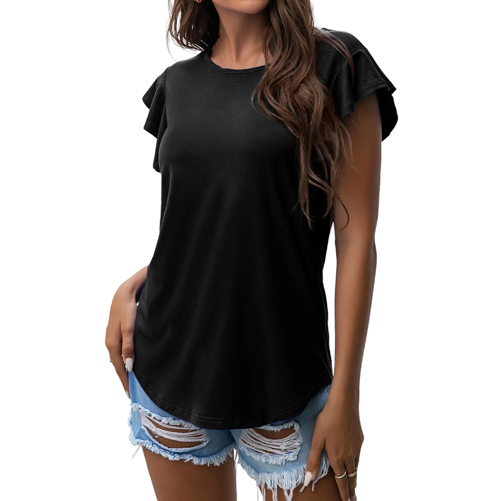 

Women Ruffle Short Sleeve Pullover Gift Curved Hem Casual Shirt Tunic Top Round Neck Loose Summer Vacation Breathable Black Soft