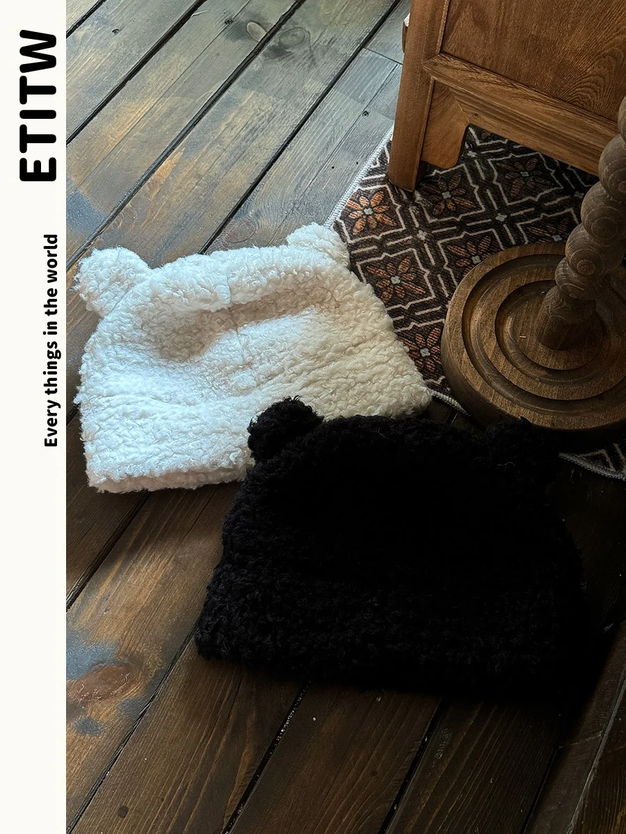 Etitw корейская кепка с рукавами медвежьими ушками женская из овечьей шерсти на