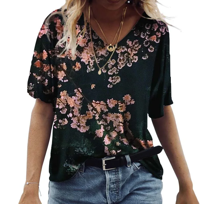 

2022 new summer V-neck T-shirt women's street Casual Short Sleeve retro loose Y2K half sleeve clothing