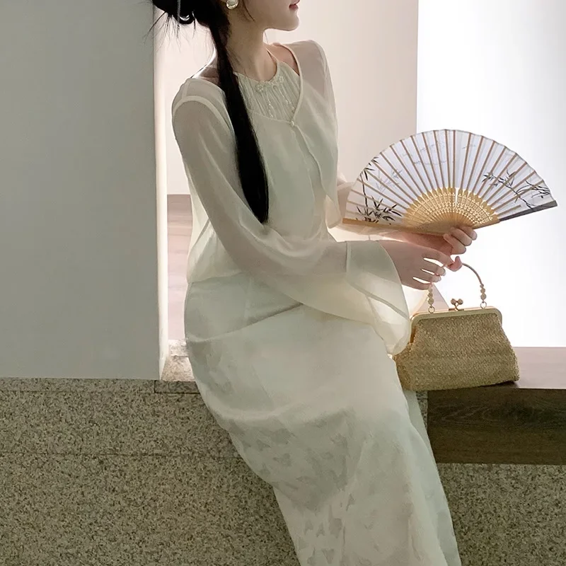 Новинка 2024 платье в китайском стиле Женский Летний шифоновый кардиган с шарфом и