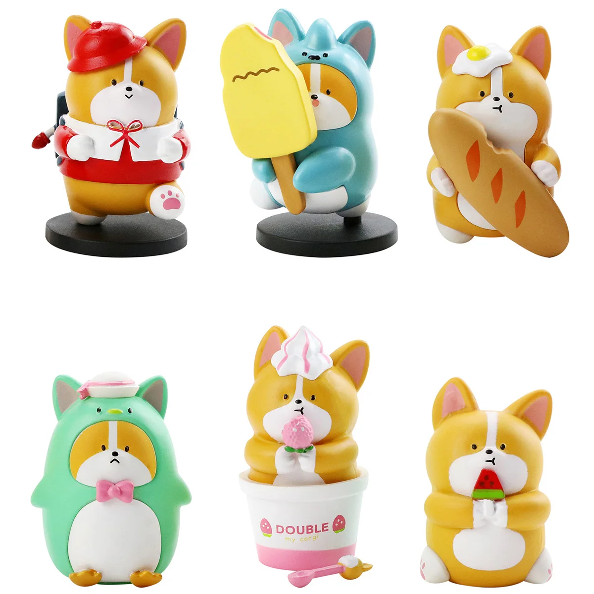 

6Pcs Gourmet Corgi Figure Foodie Bread Ice Cream Corgi Dog Anime Action Figures Q Version PVC Realistic Corgi Figure Collectible