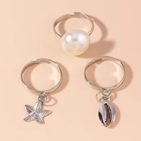 3pcs pearl fishstar shell ring set personality temperament silver color summber beach rings for women fashion party jewelry