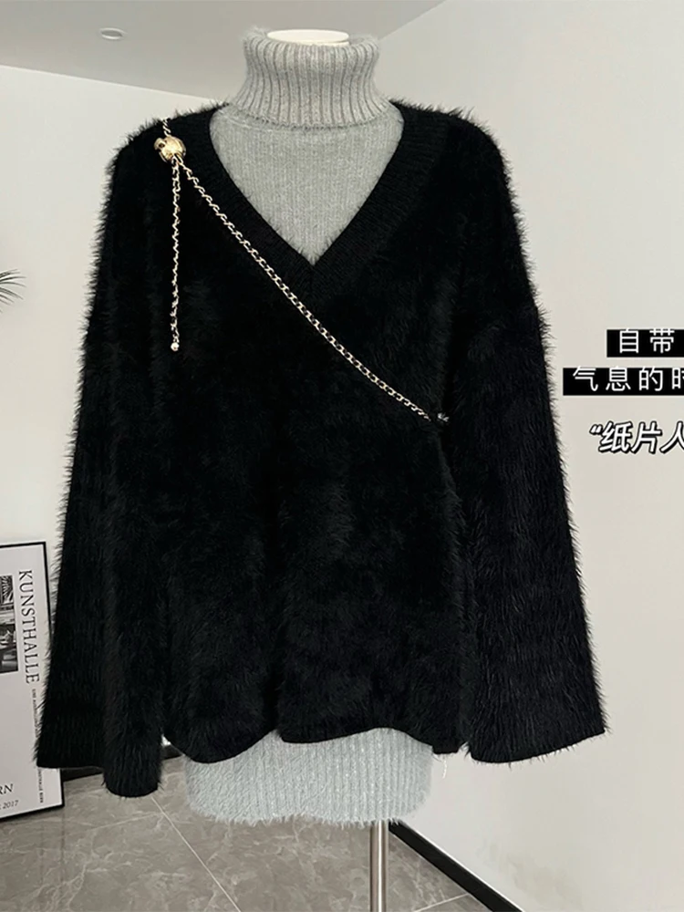 

Пушистый Плюшевый Женский вязаный пуловер черного цвета, новинка сезона осень-зима 2022, Женский винтажный мягкий свободный Свитер оверсайз ...