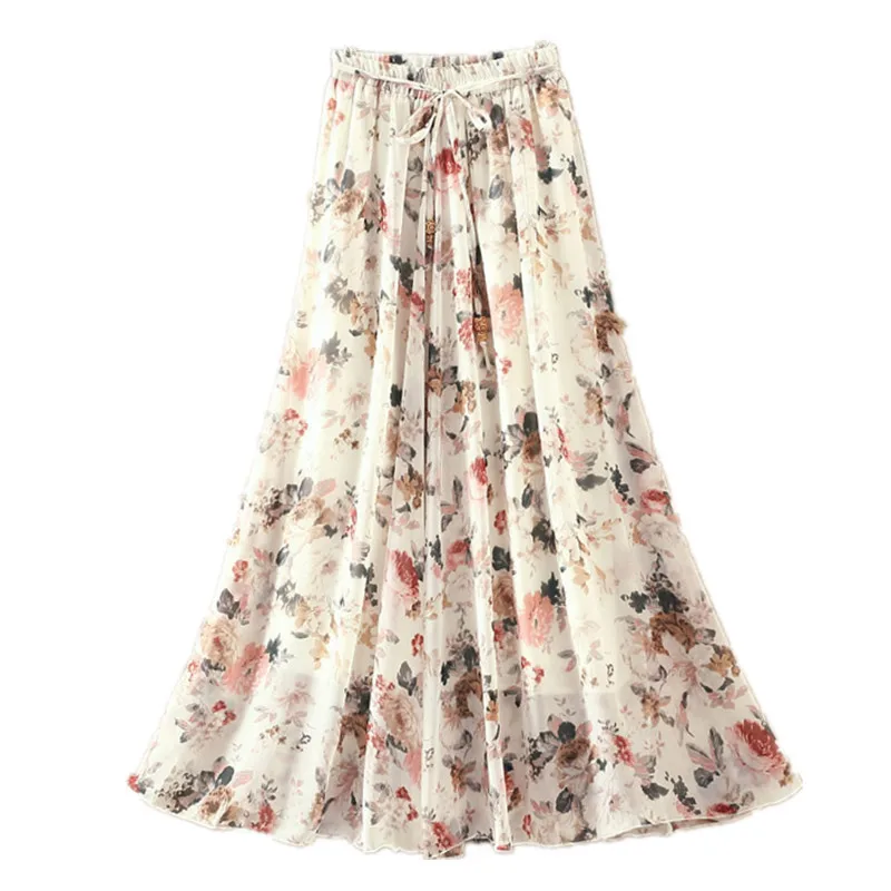 

Шифоновые юбки, женская летняя повседневная модная длинная юбка на шнуровке с цветочным принтом, розовая, белая, Черная